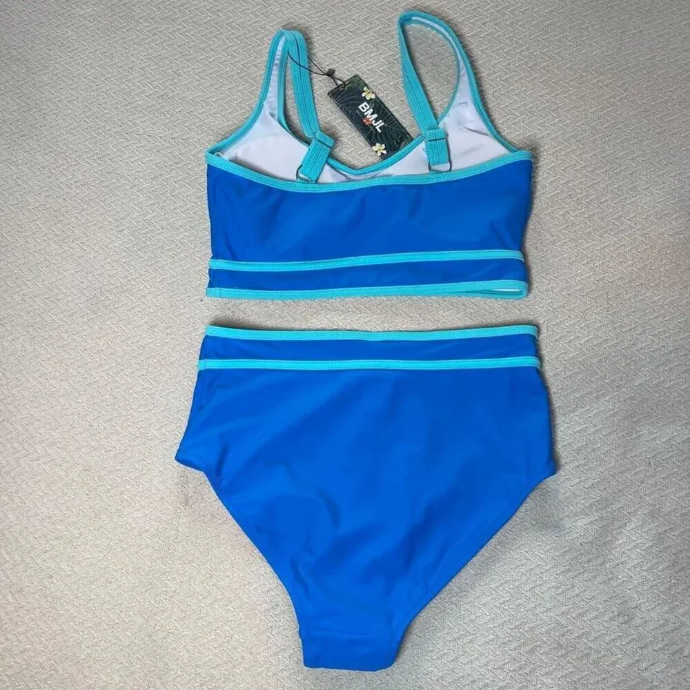 BMJL Women Blue Sport Bikini Set High Waist Colorblock 2 Piece M